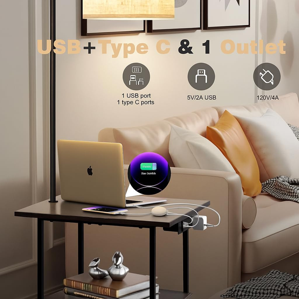 PESRAE Floor Lamp with Table, End Tables with Charging Station