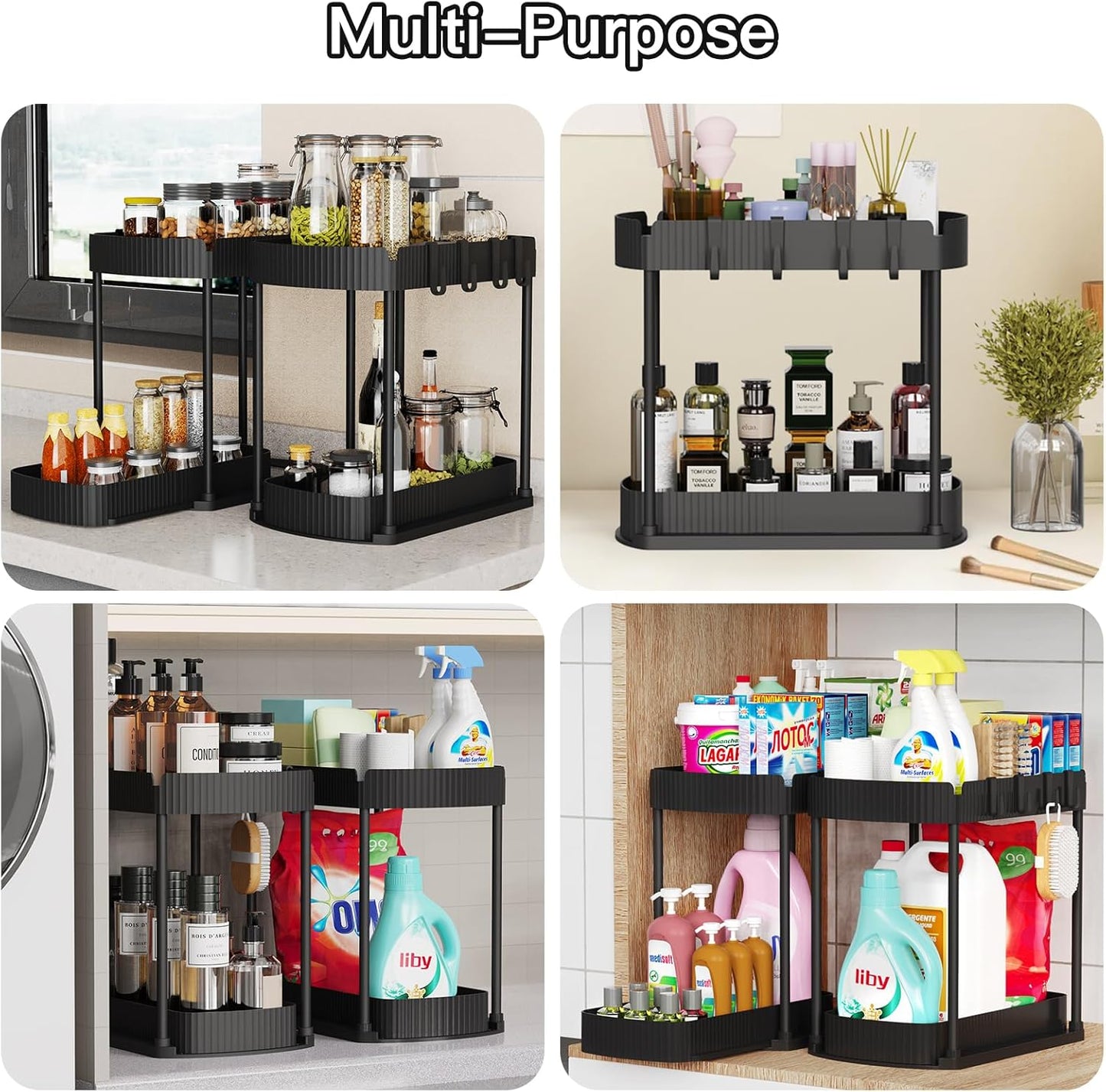 Multi-Purpose Pull-Out Storage Organizers, under Sink/Cabinet Organizers and Storage for Bathroom & Kitchen, Black, 12.8 Inches, 2 Packs