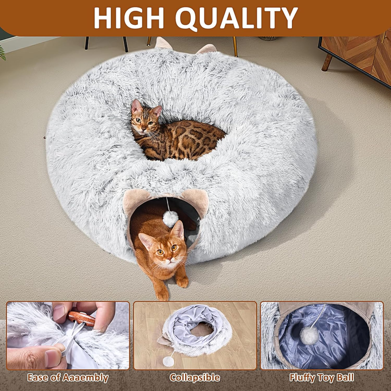 Grey Plush Cat Tunnel with Bed – Indoor Hideout & Play Space