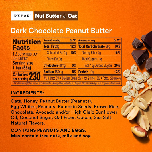 RXBAR Nut Butter and Oat Protein Bars, Protein Snacks, Snack Bars, Dark Chocolate Peanut Butter, 23.2Oz Box (12 Bars)