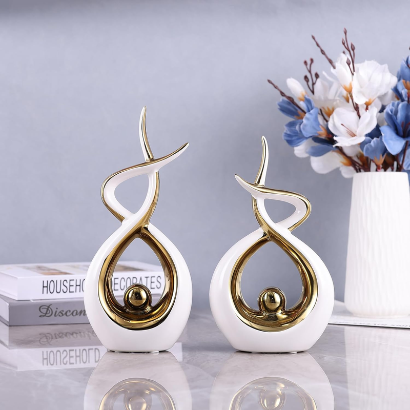 Gold and White Ceramic Abstract Sculpture – Modern Home Decor Centerpiece