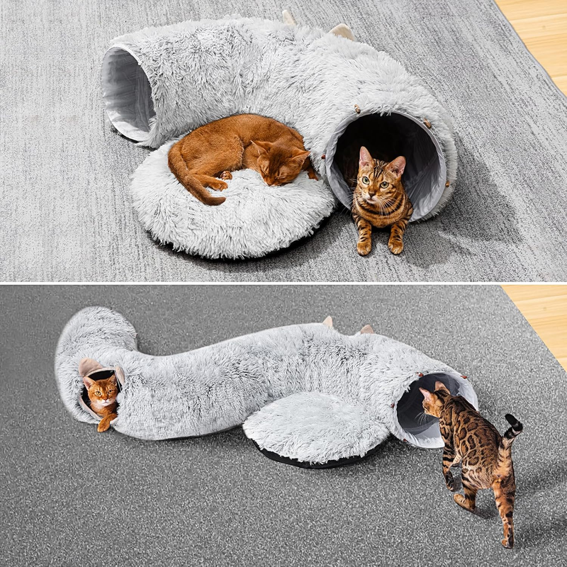 Grey Plush Cat Tunnel with Bed – Indoor Hideout & Play Space