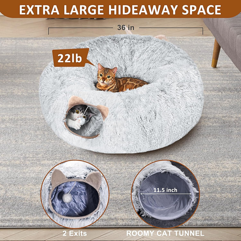Grey Plush Cat Tunnel with Bed – Indoor Hideout & Play Space