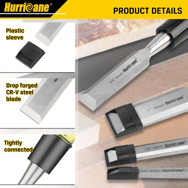 HURRICANE 4-Piece Wood Chisel Set, CR-V Steel Blades with PVC Handles