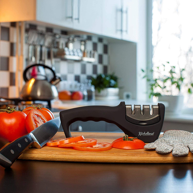 Kitchellence 3-Stage Knife Sharpener with Cut-Resistant Glove – Black