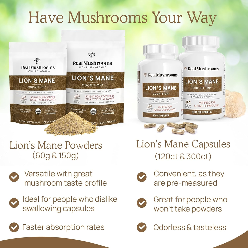Real Mushrooms Lion’S Mane Capsules - Organic Lions Mane Mushroom Extract for Cognitive Function & Immune Support - Brain Mushroom Supplements for Memory and Focus - Vegan, 300 Caps