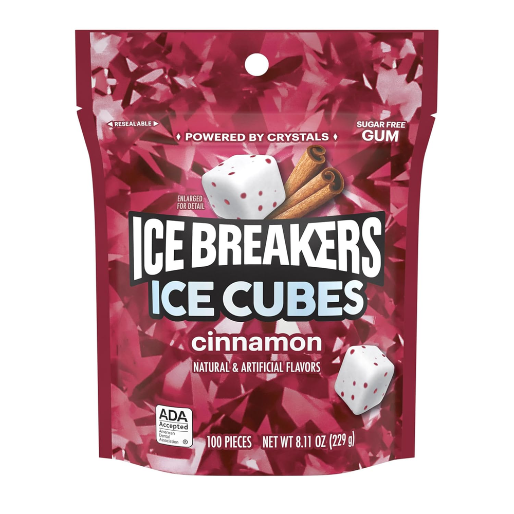 Ice Breakers Ice Cubes Cinnamon Sugar Free Chewing Gum Pouch, 8.11 oz 100 Pieces