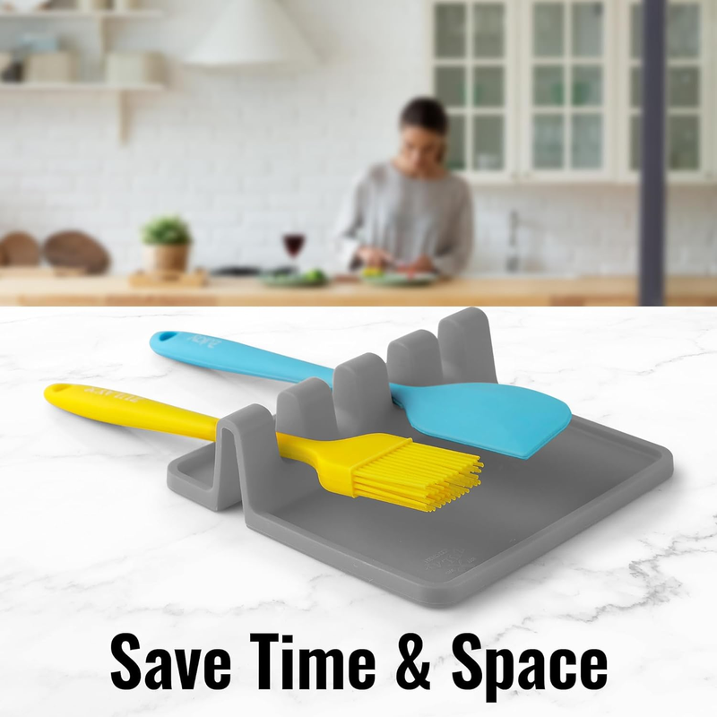 Zulay Kitchen Silicone Utensil Rest 2-Pack – Heat-Resistant Spoon Holder, Grey