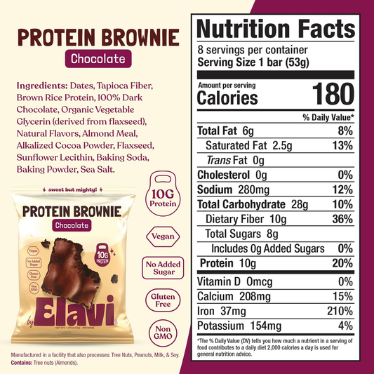 Elavi Protein Brownie, 10G Protein, Non-Dairy, Vegan & Gluten Free, Delicious Guilt-Free Snack | No Artificial Flavors, No Added Sugar, No Sugar Alcohols, High in Fiber, Chocolate Fudge (8 Pack)
