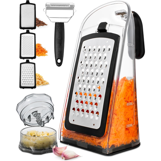 Joined Cheese Grater & Garlic Crusher Set – Box Grater with 3 Blades + Peeler