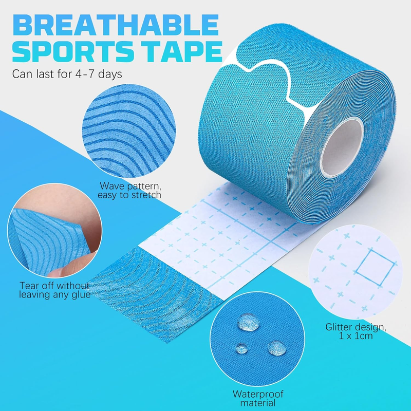 Kinesiology Tape 4-Roll Set with Scissors – Precut Elastic Waterproof Sports Tape, 2" x 16ft (Beige, Black, Blue, Pink)