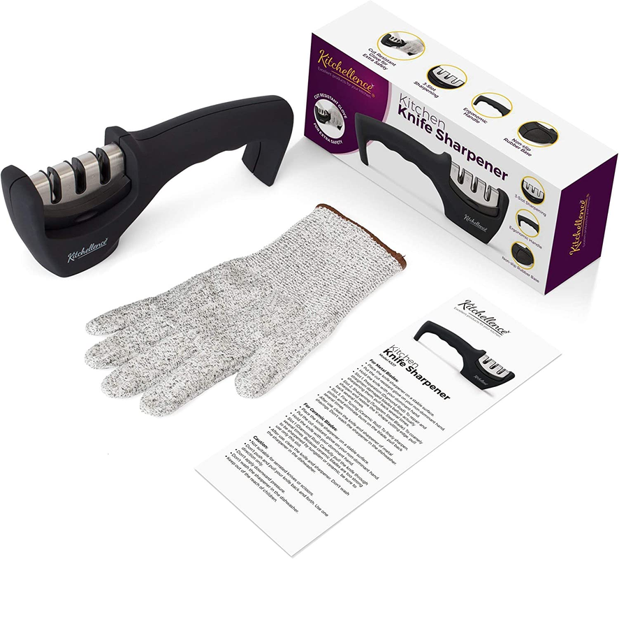 Kitchellence 3-Stage Knife Sharpener with Cut-Resistant Glove – Black