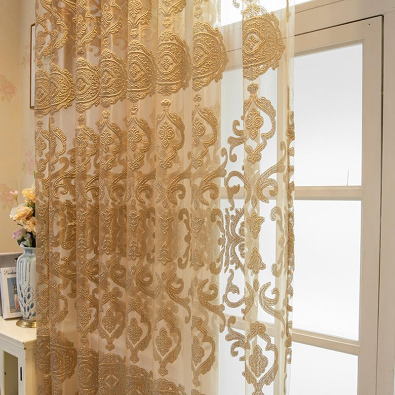 FeLoneny Golden Embroidered Sheer Curtains Set of 2 – 52"x96" Panels