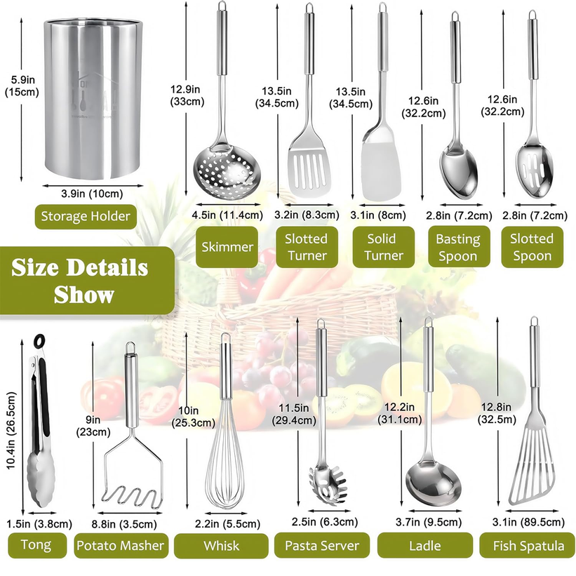 Blithely 12-Piece Stainless Steel Kitchen Utensil Set with Holder
