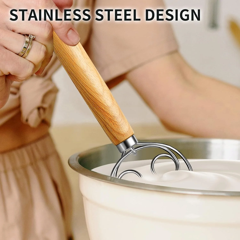 TEEVEA Danish Dough Whisk with Wooden Handle – 2-Eye Stainless Steel Mixer