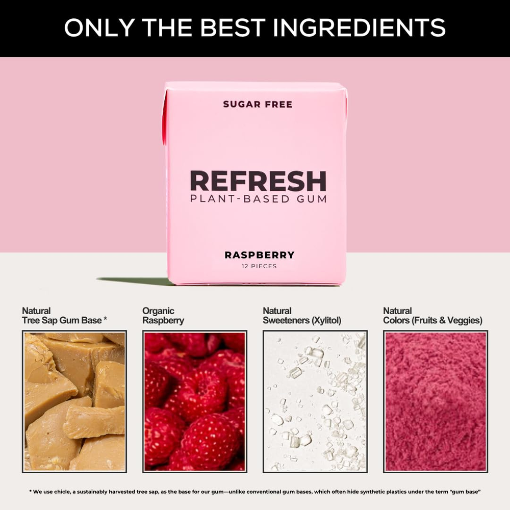 Refresh Gum, Natural, Xylitol, Sugar Free, Raspberry, 12 Pcs, 6 Pack