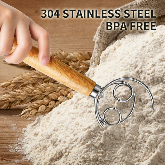 TEEVEA Danish Dough Whisk with Wooden Handle – 2-Eye Stainless Steel Mixer