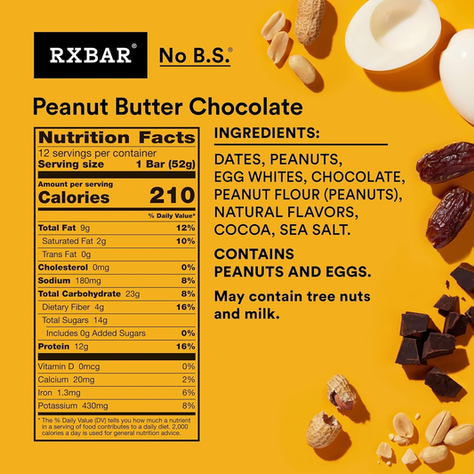 RXBAR Protein Bars, Protein Snack, Snack Bars, Peanut Butter Chocolate, 22Oz Box (12 Bars)