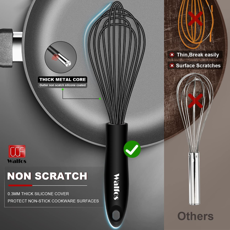 Walfos Silicone Whisk Set of 3 – Heat-Resistant Non-Scratch Balloon Whisks