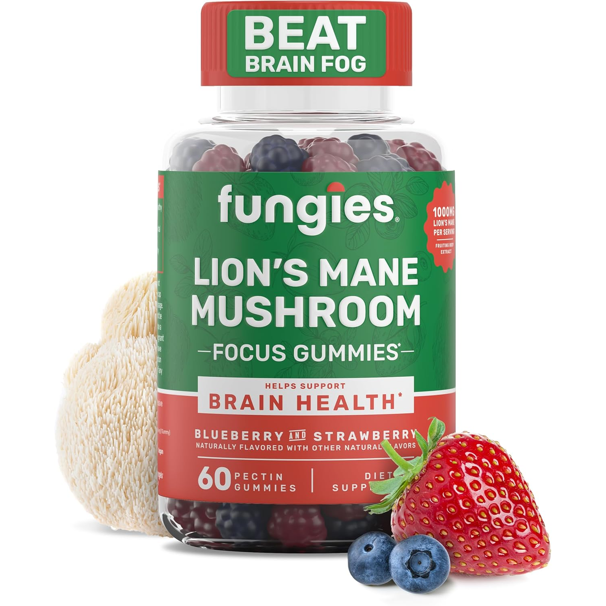 Fungies Lion'S Mane Mushroom Gummies, Mixed Blueberry & Strawberry Flavor - Mushroom Supplement Gummy for Adults & Children Supports Brain Health, Cognitive Function, Focus, Memory & Mood, 60 Servings
