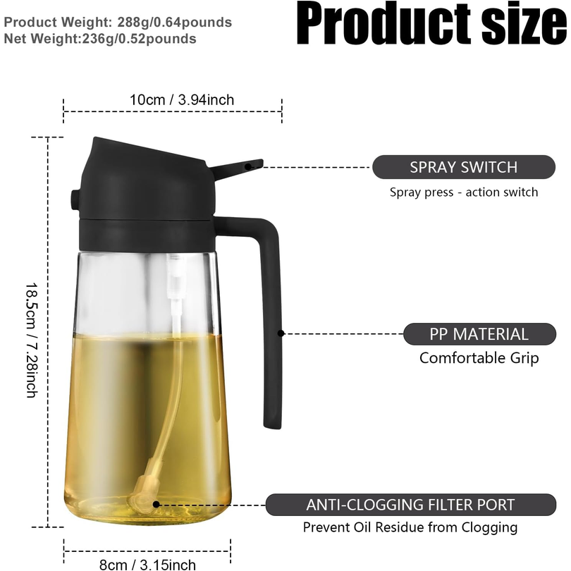 mqnxoi 2-in-1 Glass Oil Sprayer & Dispenser 470ml – Black