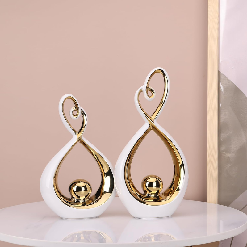 LCCCK White and Gold Ceramic Abstract Sculpture Set of 2 – Modern Home Decor