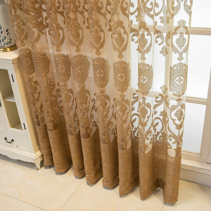 FeLoneny Golden Embroidered Sheer Curtains Set of 2 – 52"x96" Panels