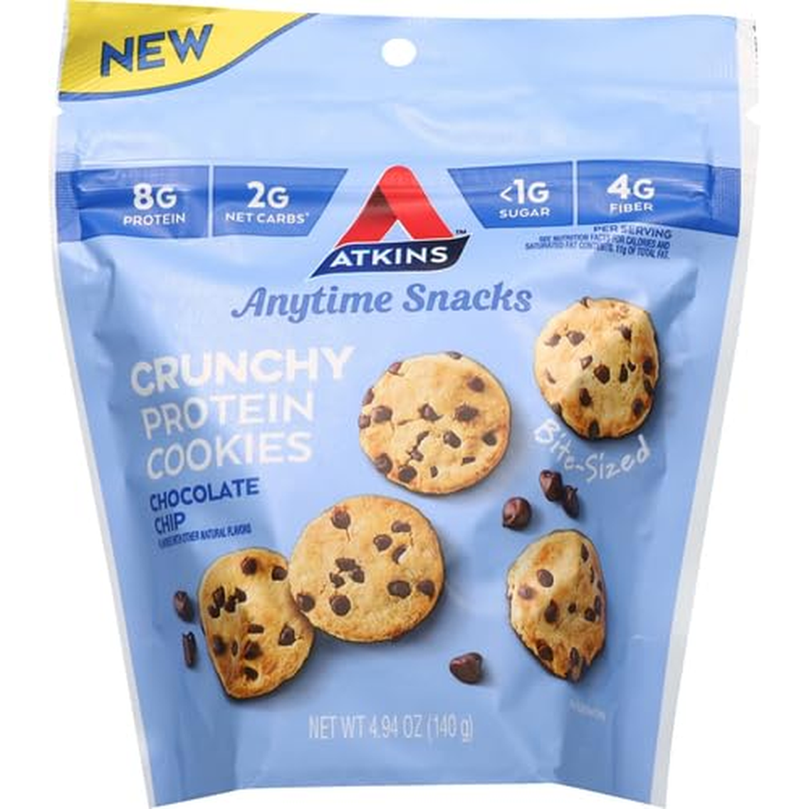 Atkins Anytime Snacks, Bite-Sized Protein Cookies, Chocolate Chip, Crispy & Crunchy, 8G Protein, 1G Net Carbs, <1G Sugar, Good Source of Fiber