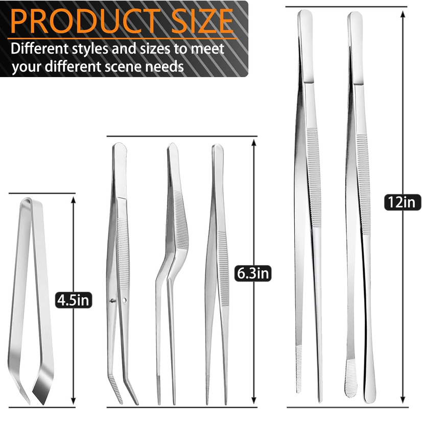 JETKONG 6-Piece Stainless Steel Cooking Tweezer Set – 12" & 6.3"
