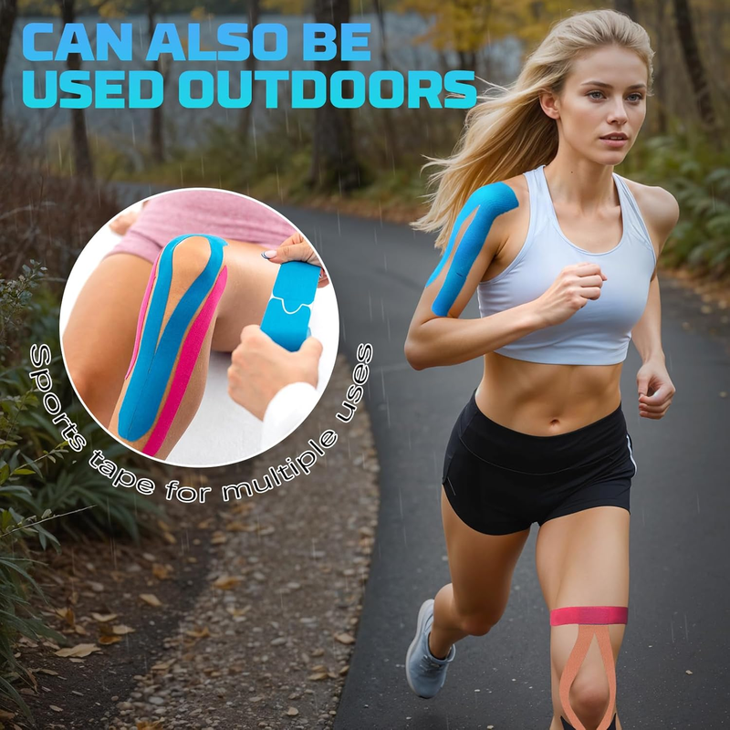 Kinesiology Tape 4-Roll Set with Scissors – Precut Elastic Waterproof Sports Tape, 2" x 16ft (Beige, Black, Blue, Pink)