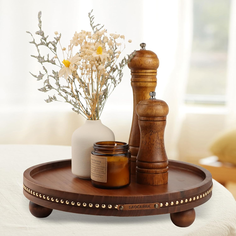 SAOCAIHUL Round Wooden Decorative Tray 11.8" – Coffee Table & Home Decor