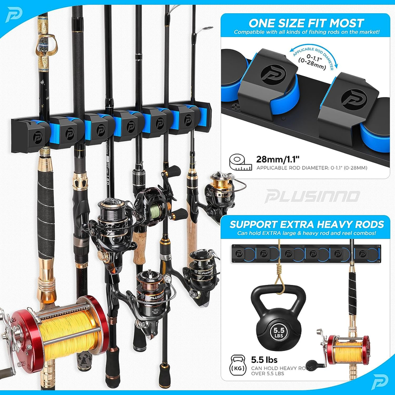 PLUSINNO V6 Wall Mounted Fishing Rod Holders – Extra Large, Holds 6 Rods