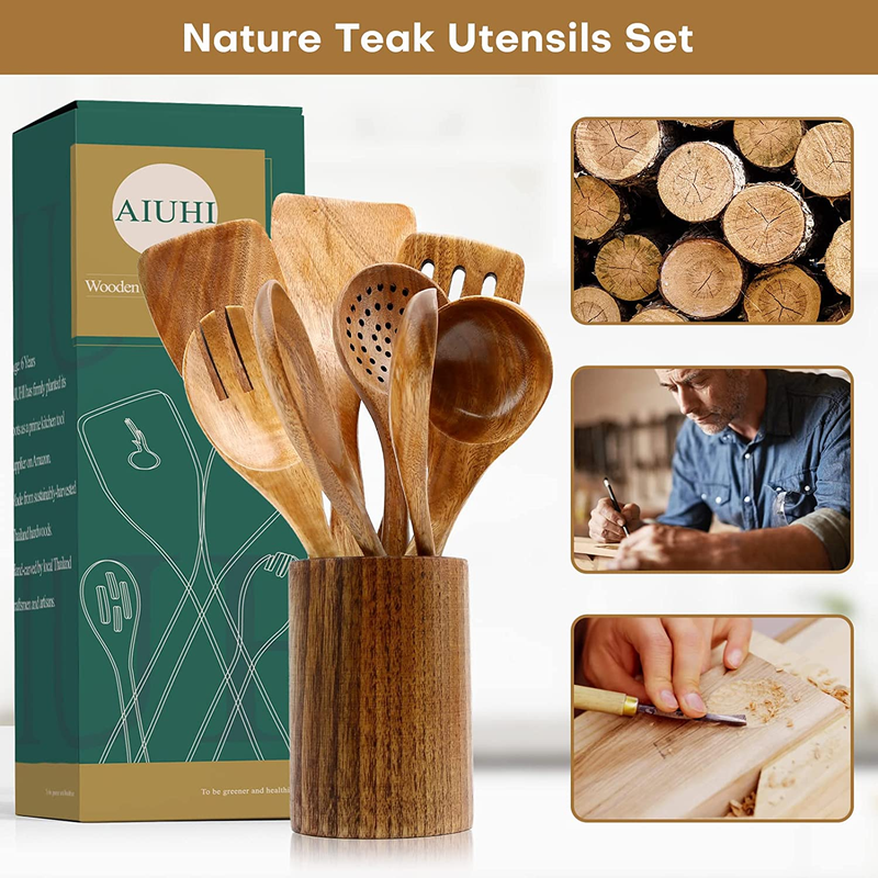 AIUHI 10 Piece Teak Wooden Cooking Utensil Set