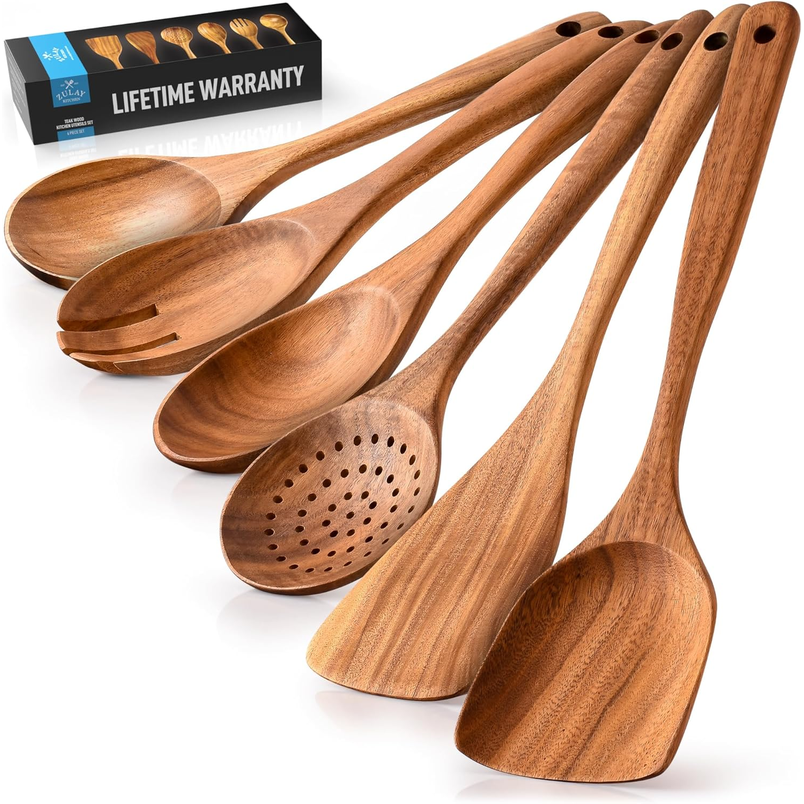 Zulay Kitchen 6-Piece Teak Wood Cooking Utensil Set – Spoons & Spatulas