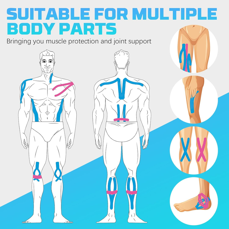 Kinesiology Tape 4-Roll Set with Scissors – Precut Elastic Waterproof Sports Tape, 2" x 16ft (Beige, Black, Blue, Pink)