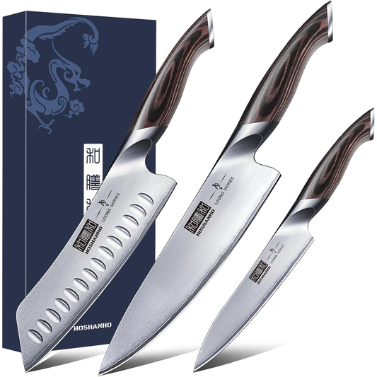 HOSHANHO 3-Piece Japanese Stainless Steel Knife Set with Pakkawood Handles
