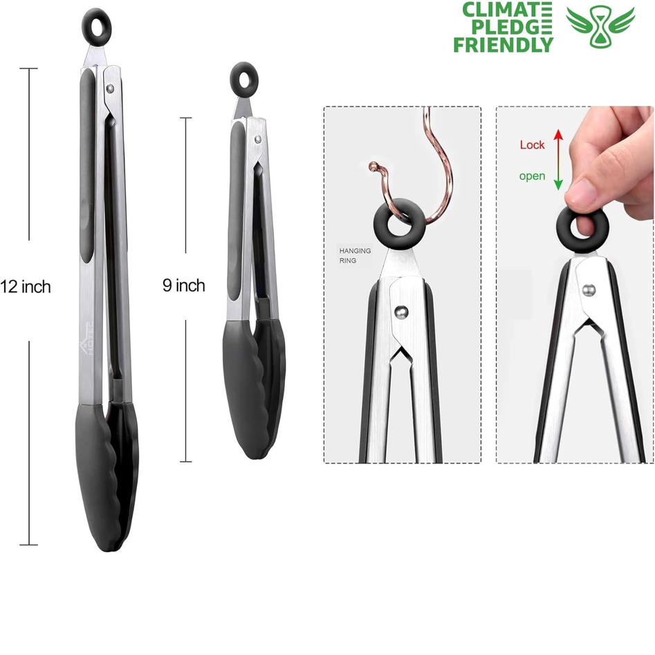 HOTEC Stainless Steel Kitchen Tongs with Silicone Tips – Set of 2
