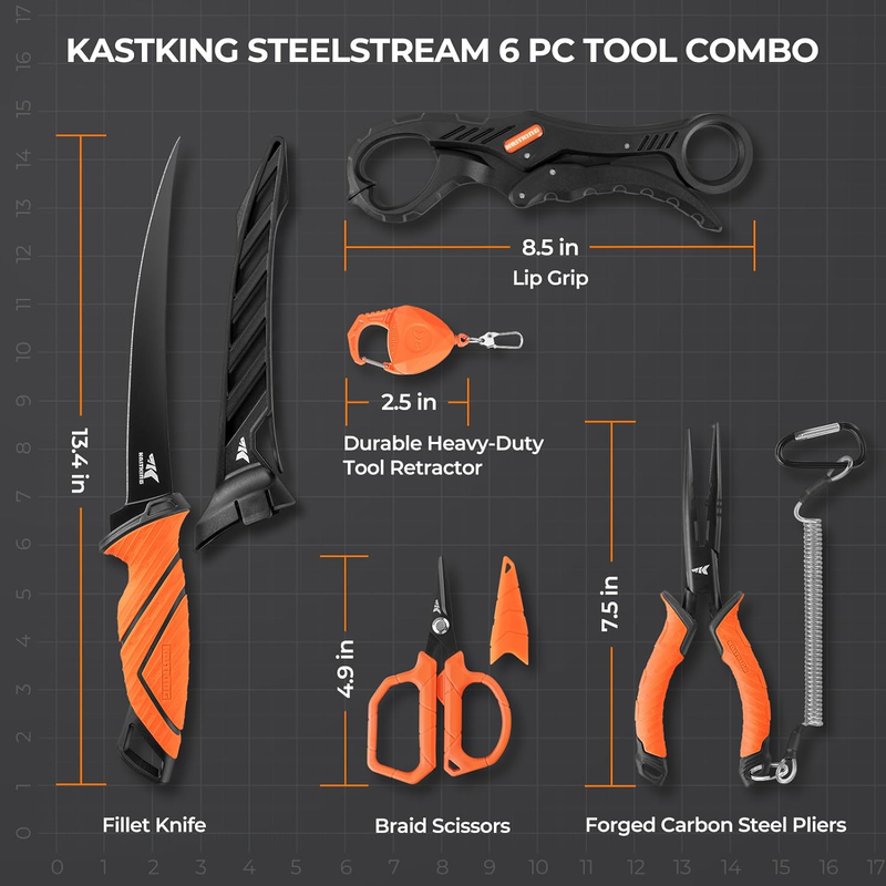 KastKing SteelStream 6pc Fishing Tool Kit with Pliers, Knife & Lip Gripper