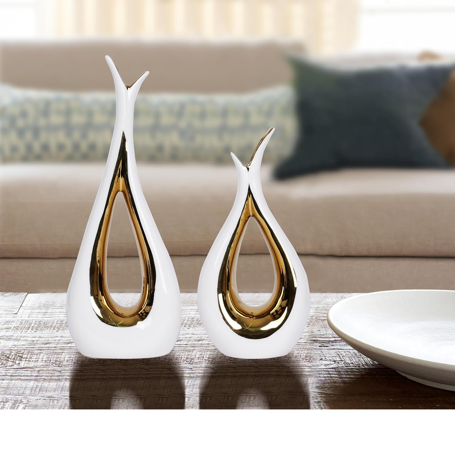 Dawbun White and Gold Ceramic Vase Set of 2 – Modern Decorative Centerpieces
