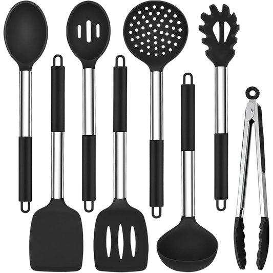TeamFar 8-Piece Silicone Kitchen Utensil Set with Stainless Steel Handles – Black