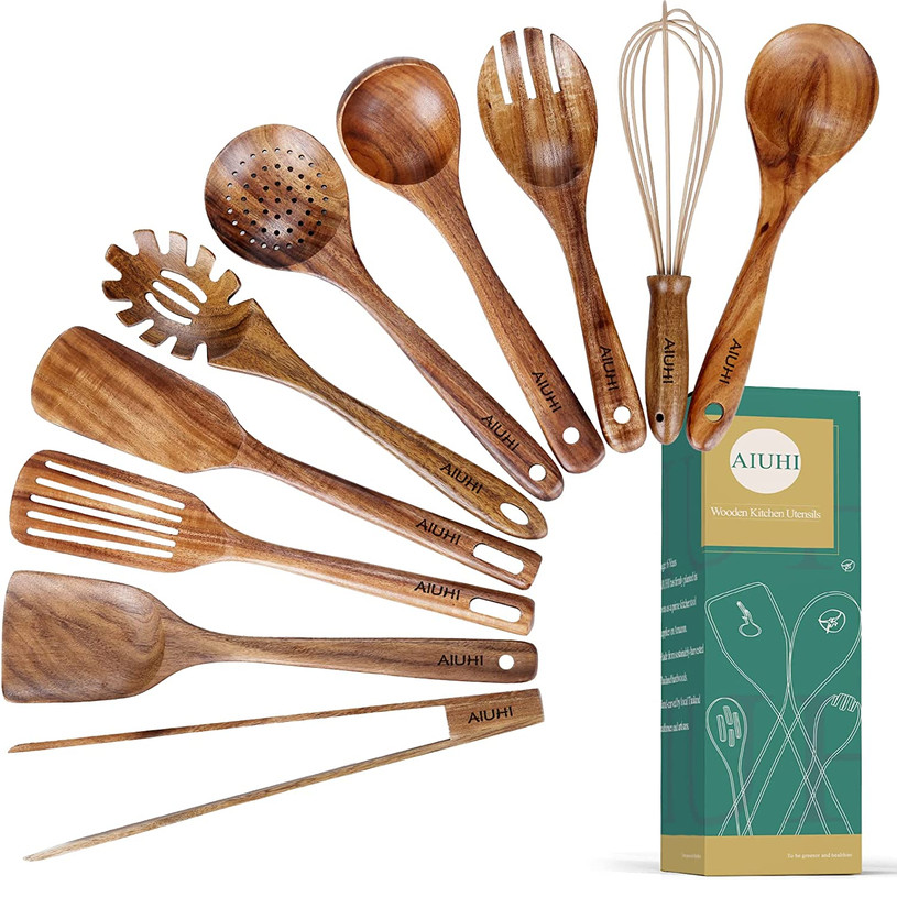 AIUHI 10 Piece Teak Wooden Cooking Utensil Set