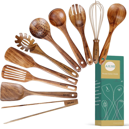 AIUHI 10 Piece Teak Wooden Cooking Utensil Set