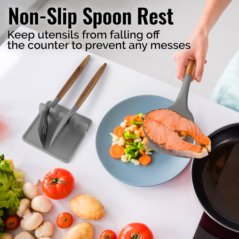 Zulay Kitchen Silicone Utensil Rest 2-Pack – Heat-Resistant Spoon Holder, Grey