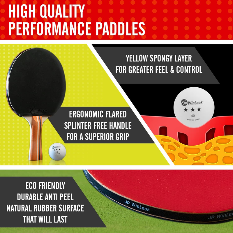 JP WinLook 2-Player Ping Pong Paddle Set with Balls & Carry Case