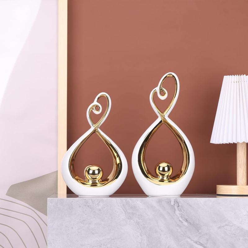LCCCK White and Gold Ceramic Abstract Sculpture Set of 2 – Modern Home Decor