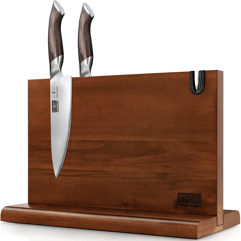HOSHANHO Double-Sided Magnetic Knife Block – Acacia Wood, 14x10 Inches