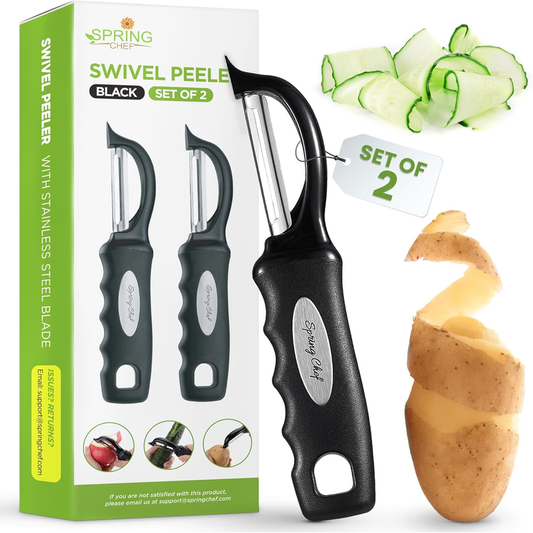 Spring Chef 2-Pack Swivel Vegetable Peelers – Stainless Steel Blades, Black