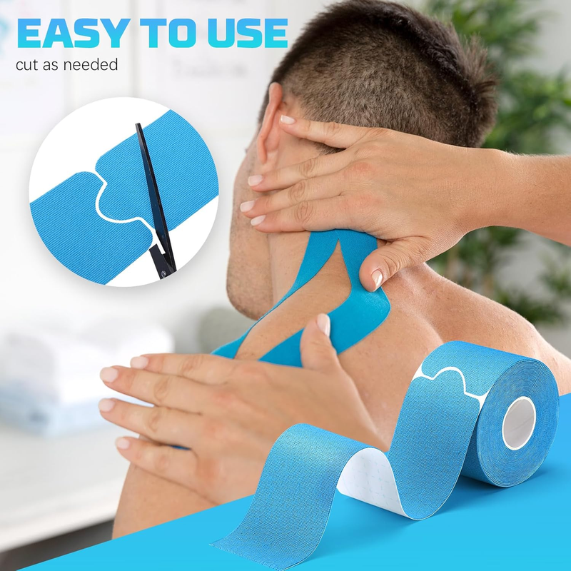Kinesiology Tape 4-Roll Set with Scissors – Precut Elastic Waterproof Sports Tape, 2" x 16ft (Beige, Black, Blue, Pink)
