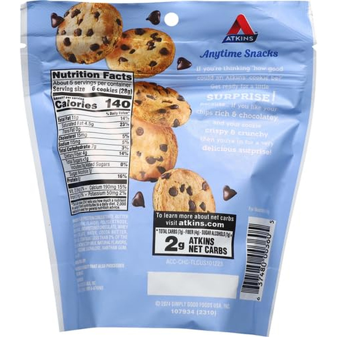 Atkins Anytime Snacks, Bite-Sized Protein Cookies, Chocolate Chip, Crispy & Crunchy, 8G Protein, 1G Net Carbs, <1G Sugar, Good Source of Fiber