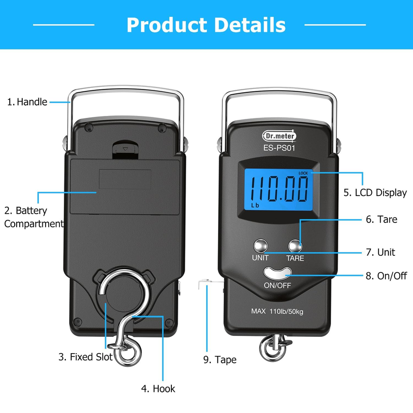 Dr.meter Digital Fish & Luggage Scale 50kg with LCD Display & Tape Measure